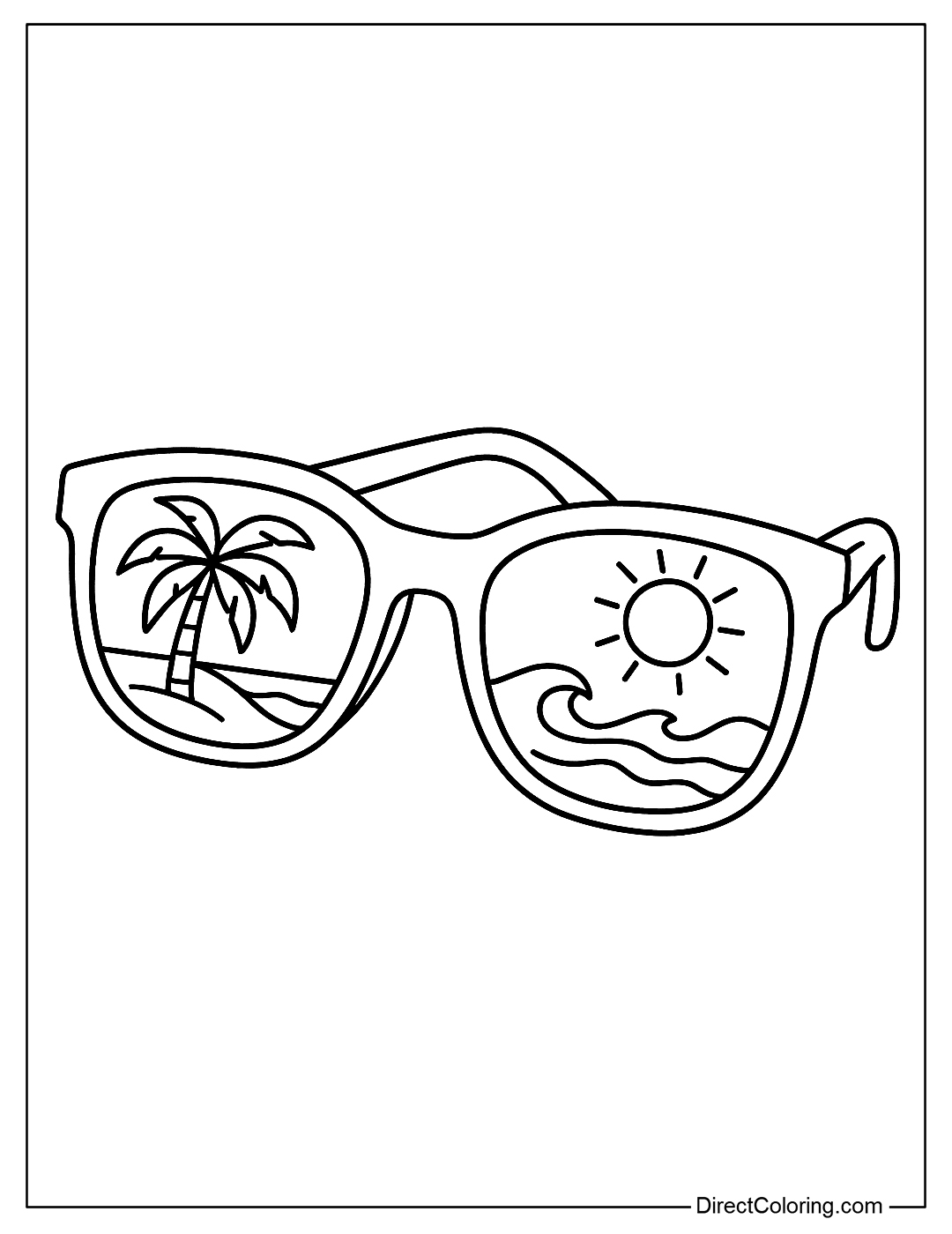 coloring page Sunglasses reflecting a seascape with coconut trees and ocean waves